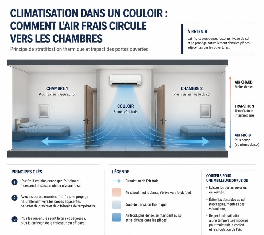 Schéma de circulation de l'air d'une climatisation dans un couloir pour refroidir les chambres