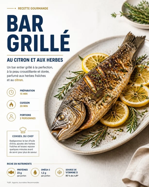 Bar grillé au barbecue avec citron et herbes fraîches