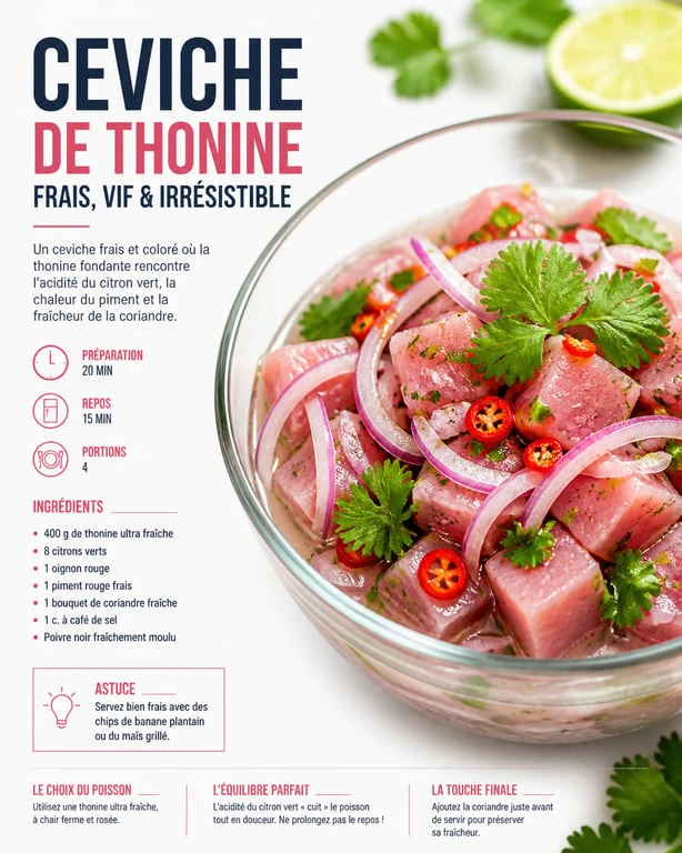 Ceviche de thonine préparé avec du lait de tigre et des herbes fraîches