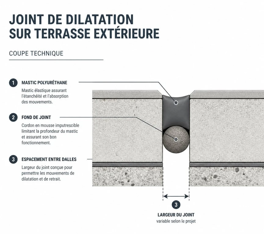 Schéma technique montrant la pose d'un joint de dilatation pour terrasse extérieure avec fond de joint et mastic.
