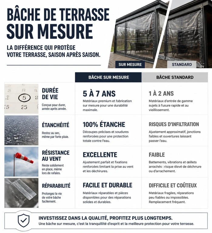 Infographie comparative : bâche terrasse sur mesure vs bâche standard pour extérieur