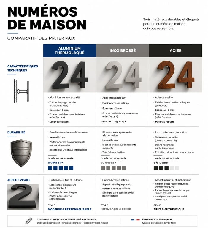 Comparatif des matériaux pour numéro de maison design : aluminium, inox et acier