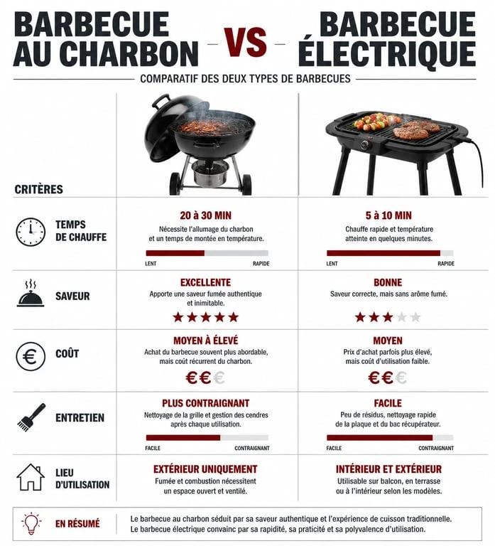 Infographie comparative des caractéristiques entre barbecue charbon ou electrique pour choisir son modèle