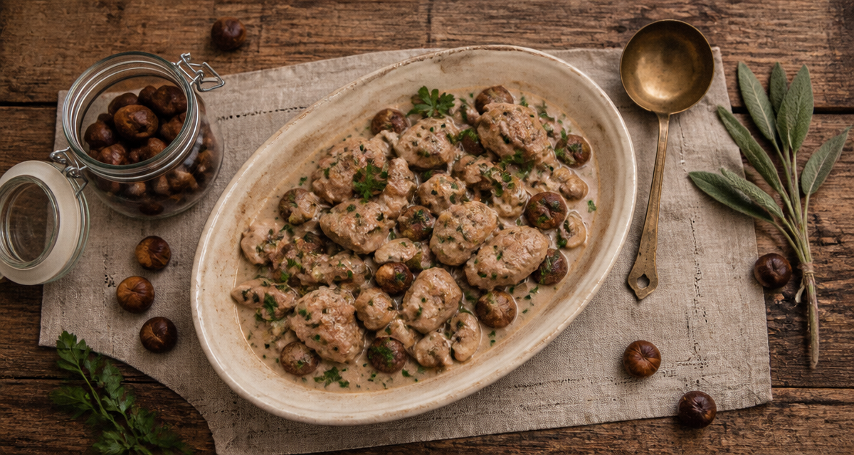 Sauté de dinde aux marron en conserve sur table en bois