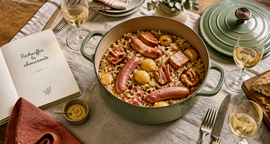 Réchauffer la choucroute en cocotte sur table rustique