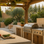Barbecue cuisine extérieure élégante sous pergola bois