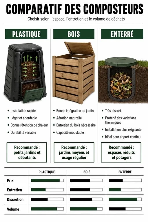 Comparatif des différents types de composteurs de jardin : plastique, bois et enterré pour optimiser le recyclage des déchets.