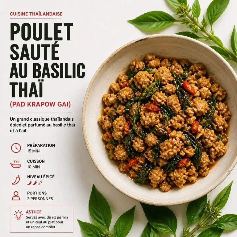 Plat de poulet sauté au basilic thaï traditionnel servi avec du riz jasmin.