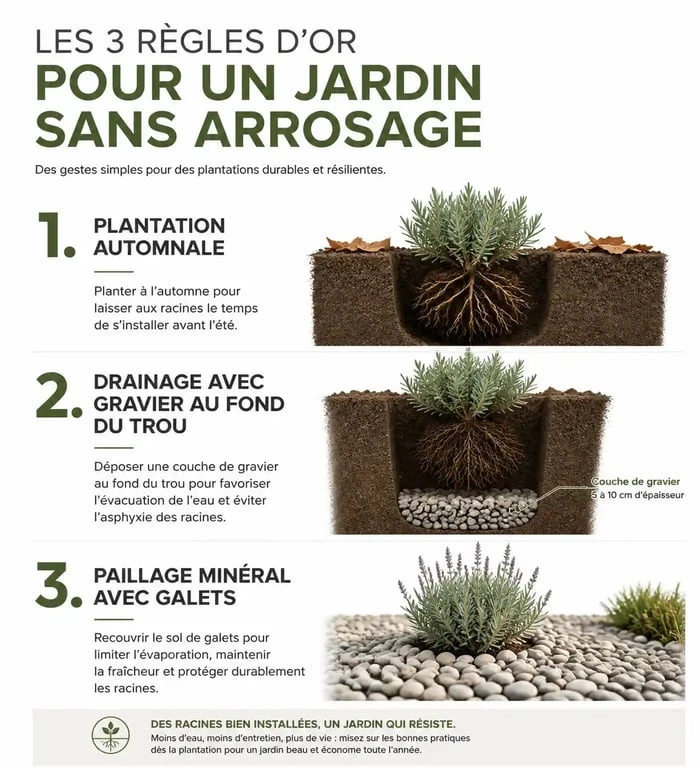Infographie des 3 règles pour réussir ses plantes plein soleil sans arrosage