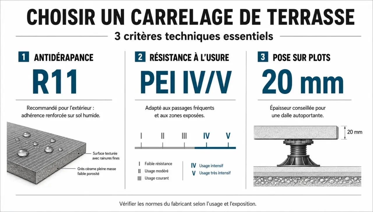 Infographie des critères techniques pour choisir un carrelage terrasse moderne résistant et antidérapant