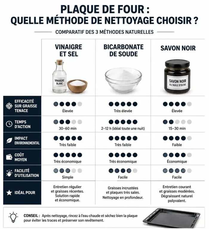 Infographie comparative des méthodes naturelles pour nettoyer une plaque de four encrassée