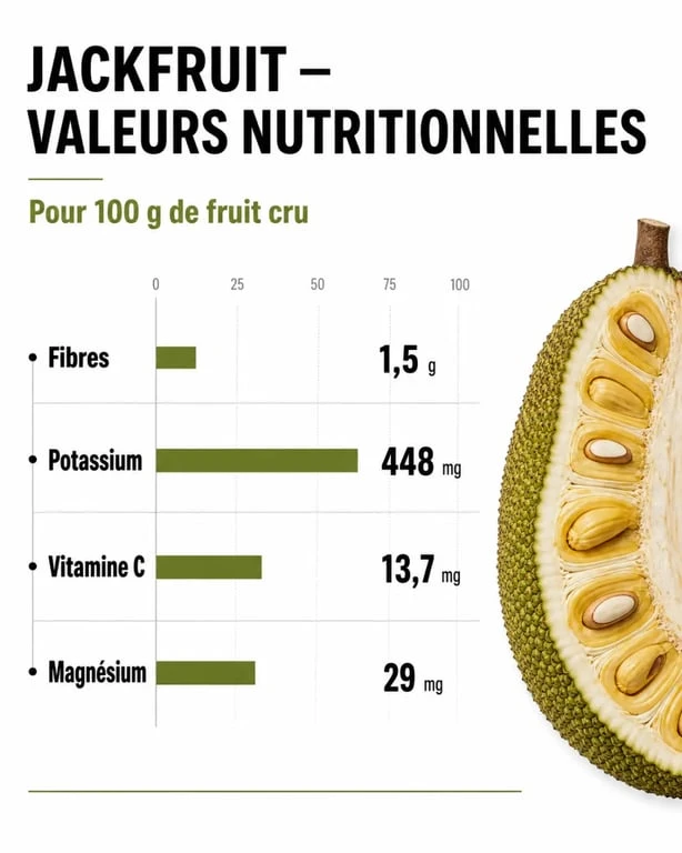 Infographie des bienfaits nutritionnels et apports du fruit du jacquier pour la santé
