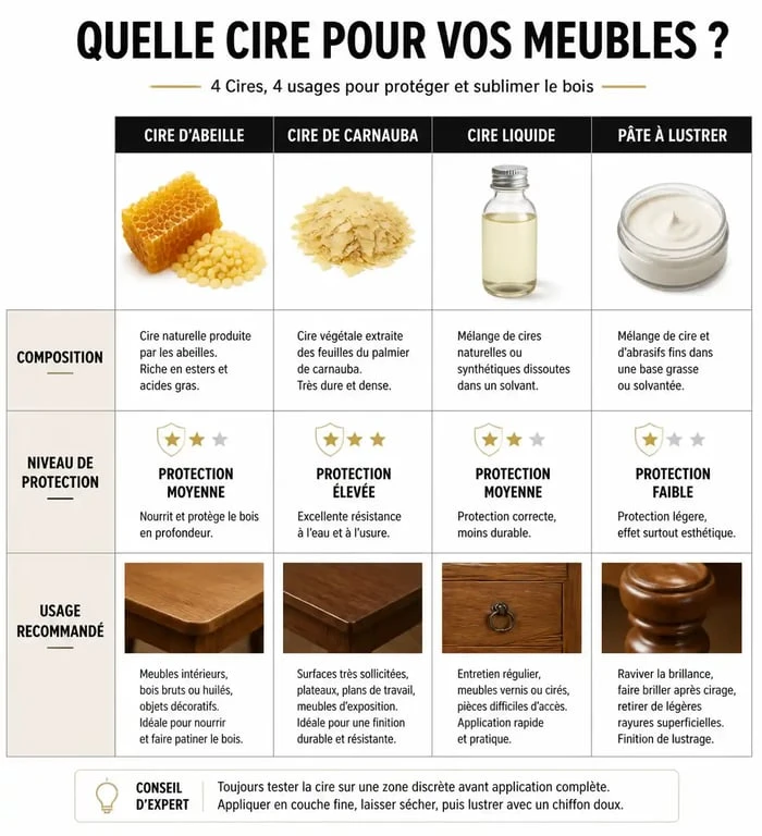 Tableau comparatif des types de cires pour meubles : cire d'abeille, carnauba, liquide et pâte à lustrer pour choisir la meilleure cire pour meubles en bois.