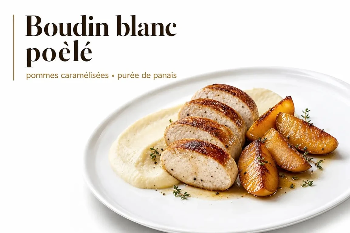 Boudin blanc poêlé avec pommes caramélisées et purée de panais, un accompagnement idéal pour le boudin blanc.