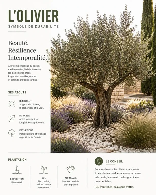 Aménagement d'un olivier dans un jardin méditerranéen avec lavandes et paillage minéral