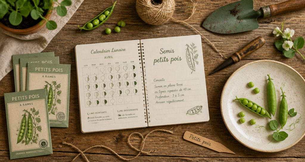 quand semer les petit pois avec la lune, sachets graines, calendrier, outils jardin