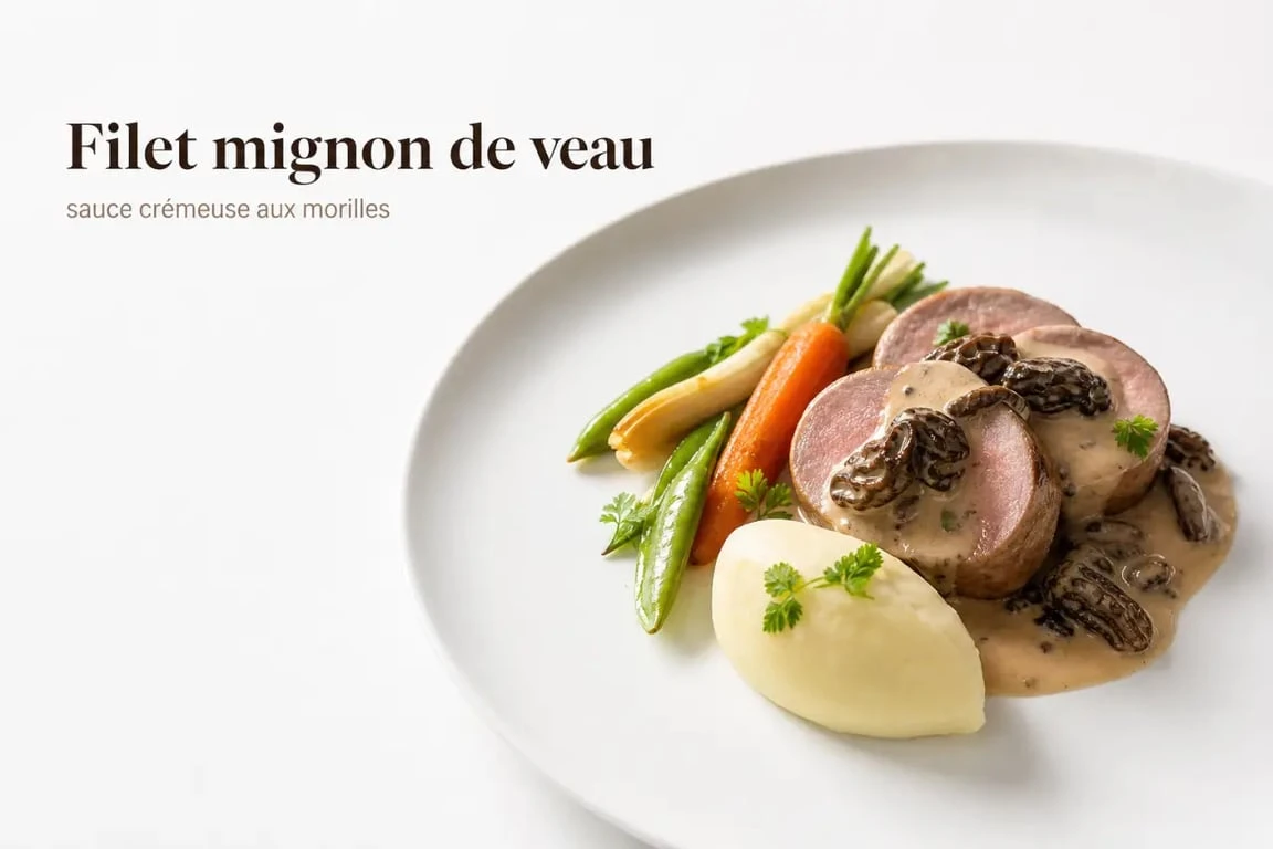 Recette filet mignon de veau gastronomique dressé en assiette avec sauce aux morilles
