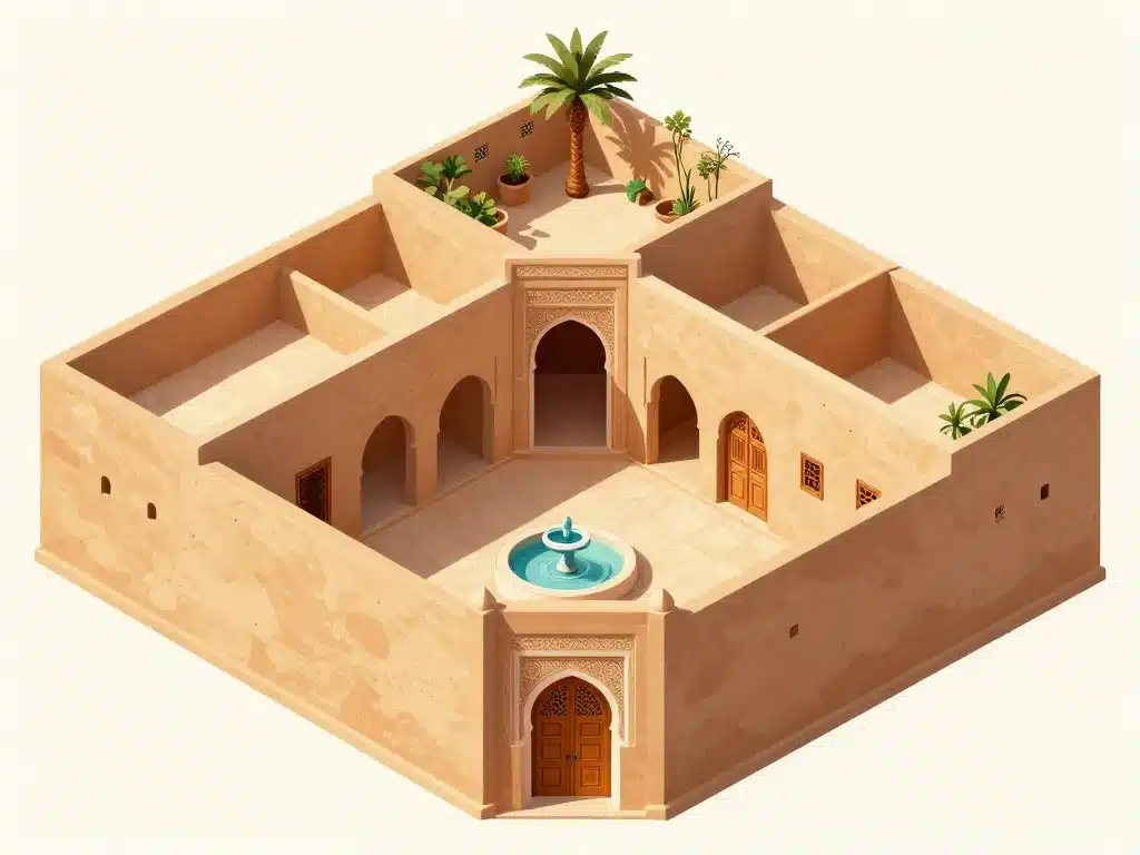 diagramme maison marocaine traditionnelle architecture patio terrasse