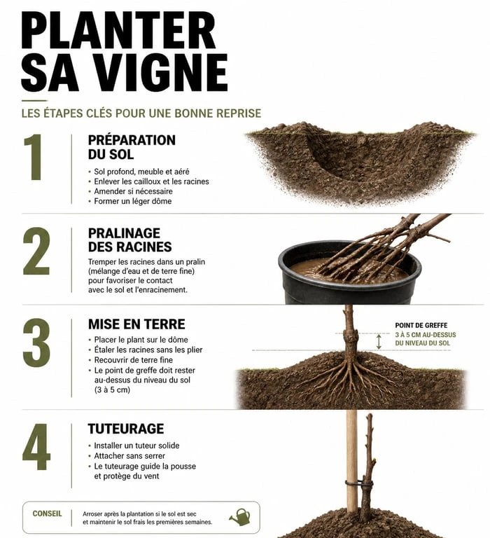 Infographie des étapes de plantation d'une vigne pour réussir sa croissance