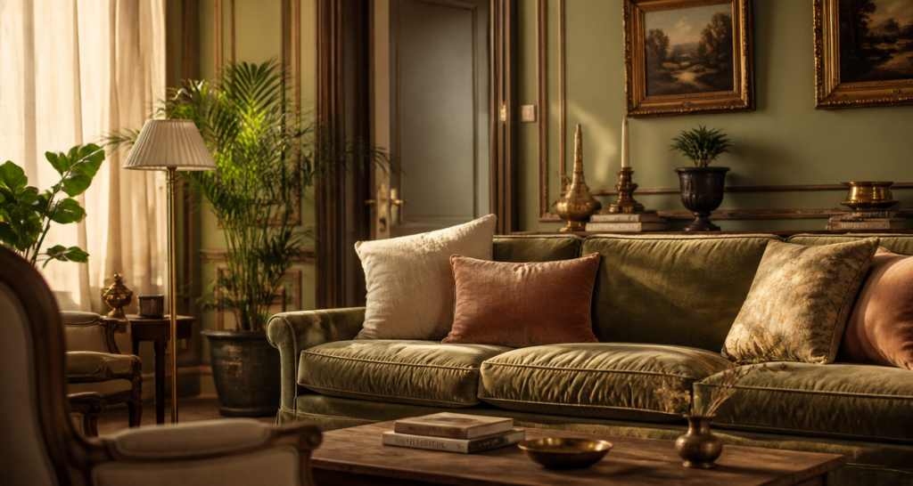 Salon élégant avec couleurs vert sauge et lumière dorée