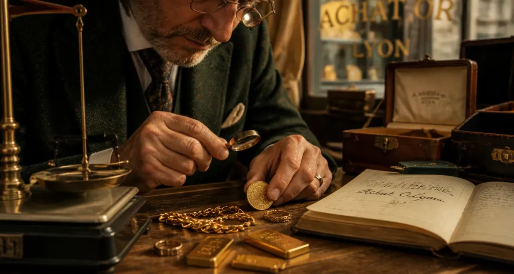 achat or à lyon métaux précieux européens expert examine pièce or