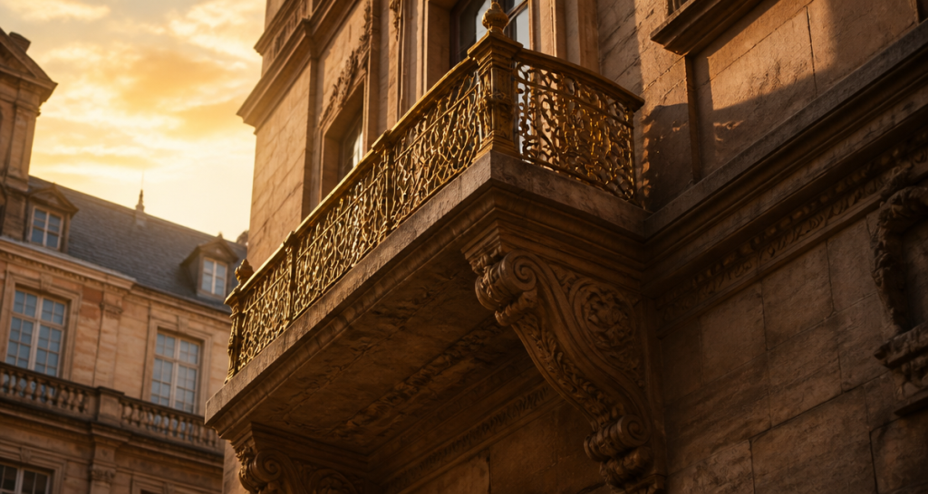 balcon saillant en pierre ancienne sur cour urbaine