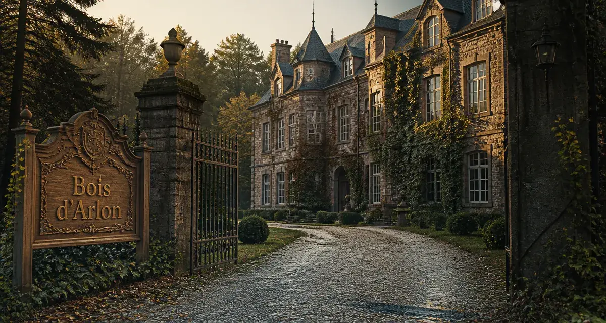 Château du bois d'Arlon, façade en pierre et allée de gravier