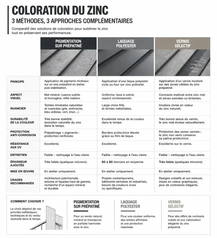Infographie comparative des techniques de coloration du zinc pour l'architecture