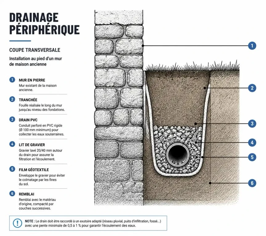 Schéma technique du drainage périphérique d'une maison ancienne pour prévenir l'humidité