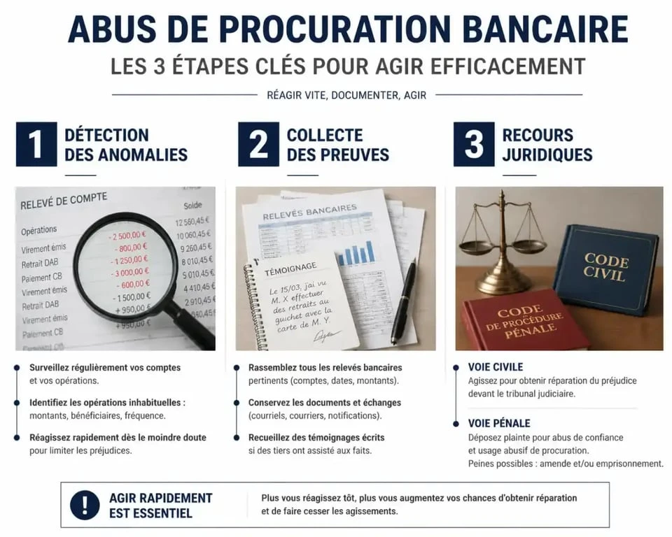 Infographie des étapes pour agir face à un abus de procuration sur compte bancaire