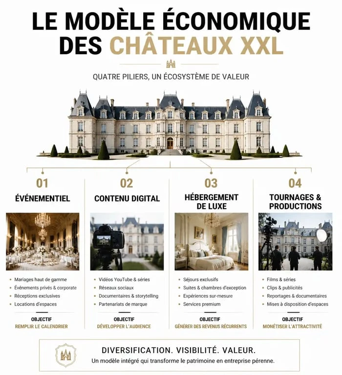 Modèle économique des châteaux XXL : revenus issus de l'événementiel, du digital et de l'hébergement