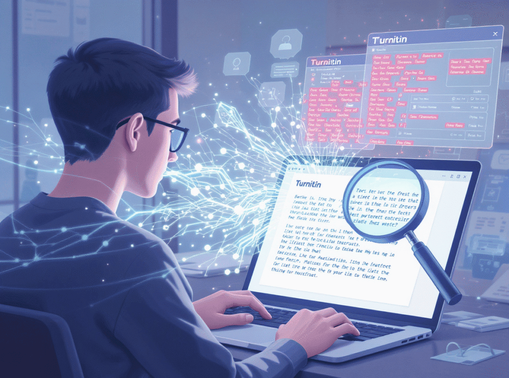AI-powered researcher analyzing digital data and code on a laptop with virtual interfaces and data streams for advanced language processing.