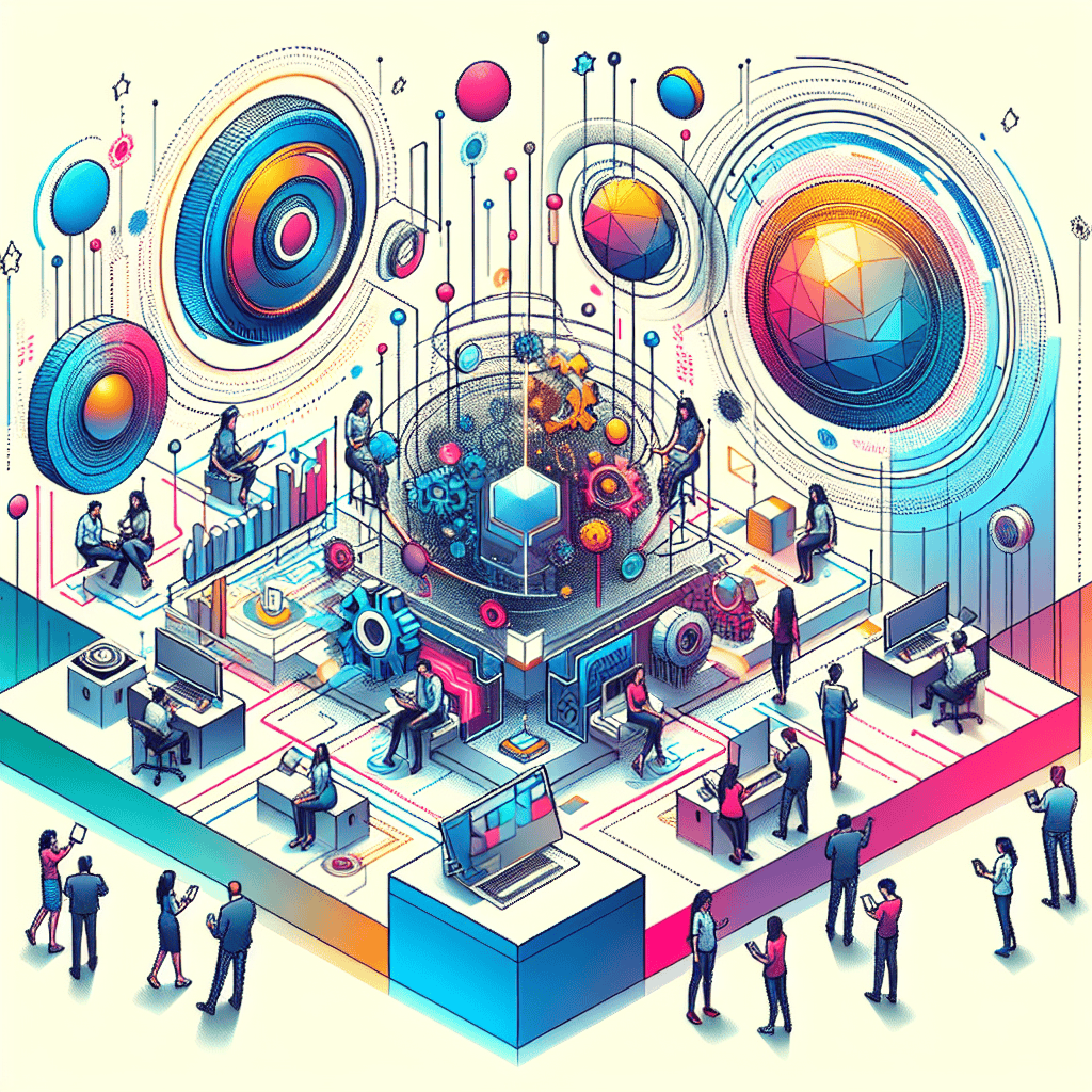 AI-powered digital workspace with vibrant, futuristic technology, live data interactions, and diverse professionals collaborating on innovative projects in a dynamic environment.