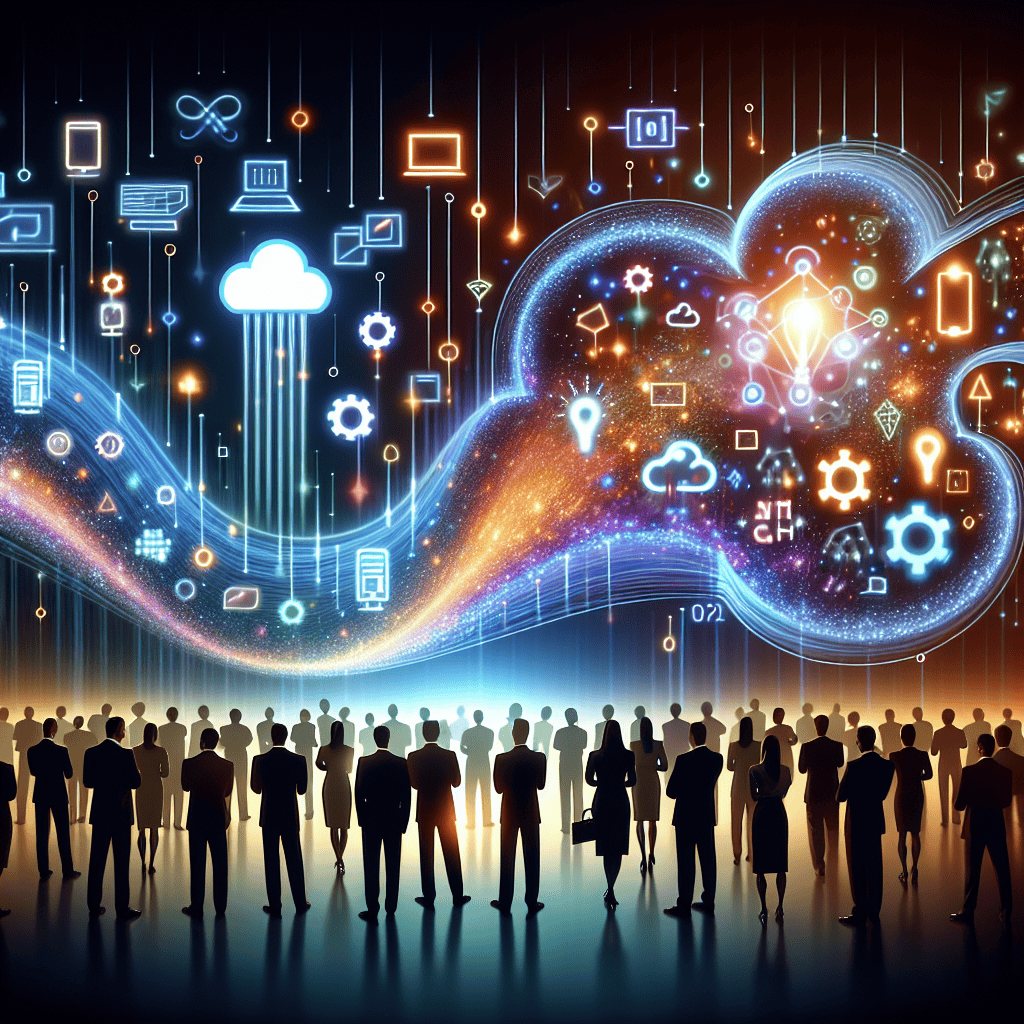 Advanced digital technology and cloud computing concepts illustrated with glowing icons and a large group of business professionals observing a futuristic data visualization.