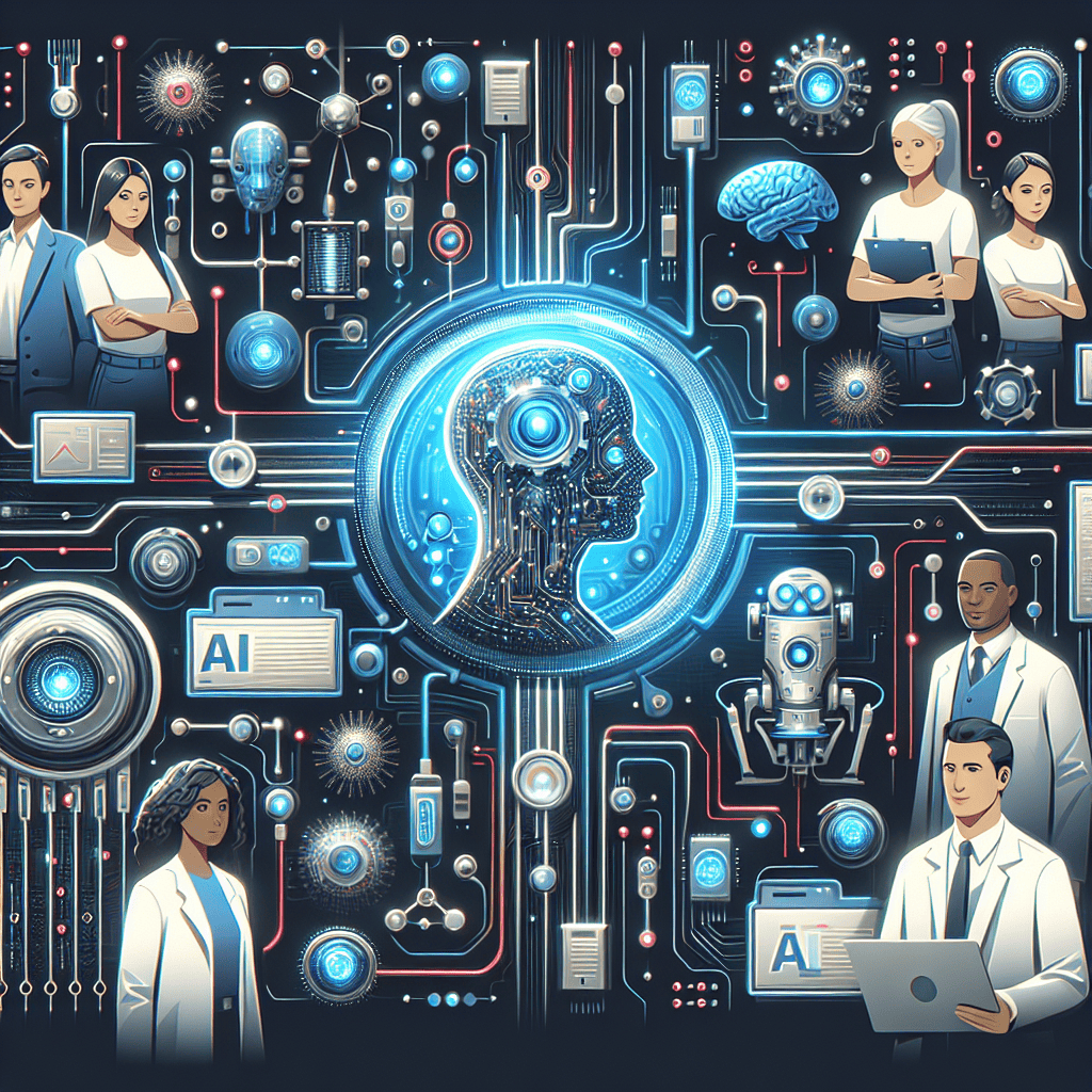 AI-powered digital brain surrounded by scientists and robots working with neural networks and circuitry for advanced artificial intelligence research.
