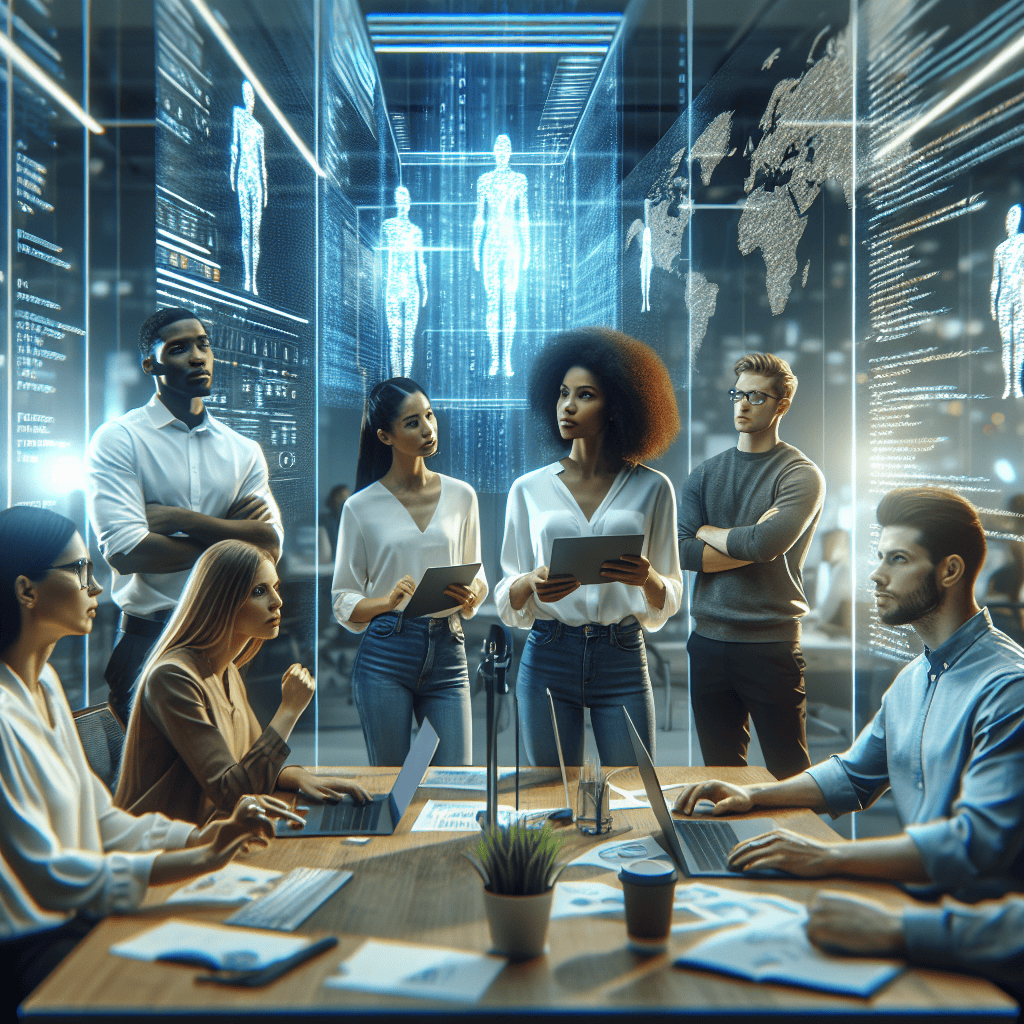 AI-powered team collaboration in a high-tech digital environment with holographic displays and global data visualization.