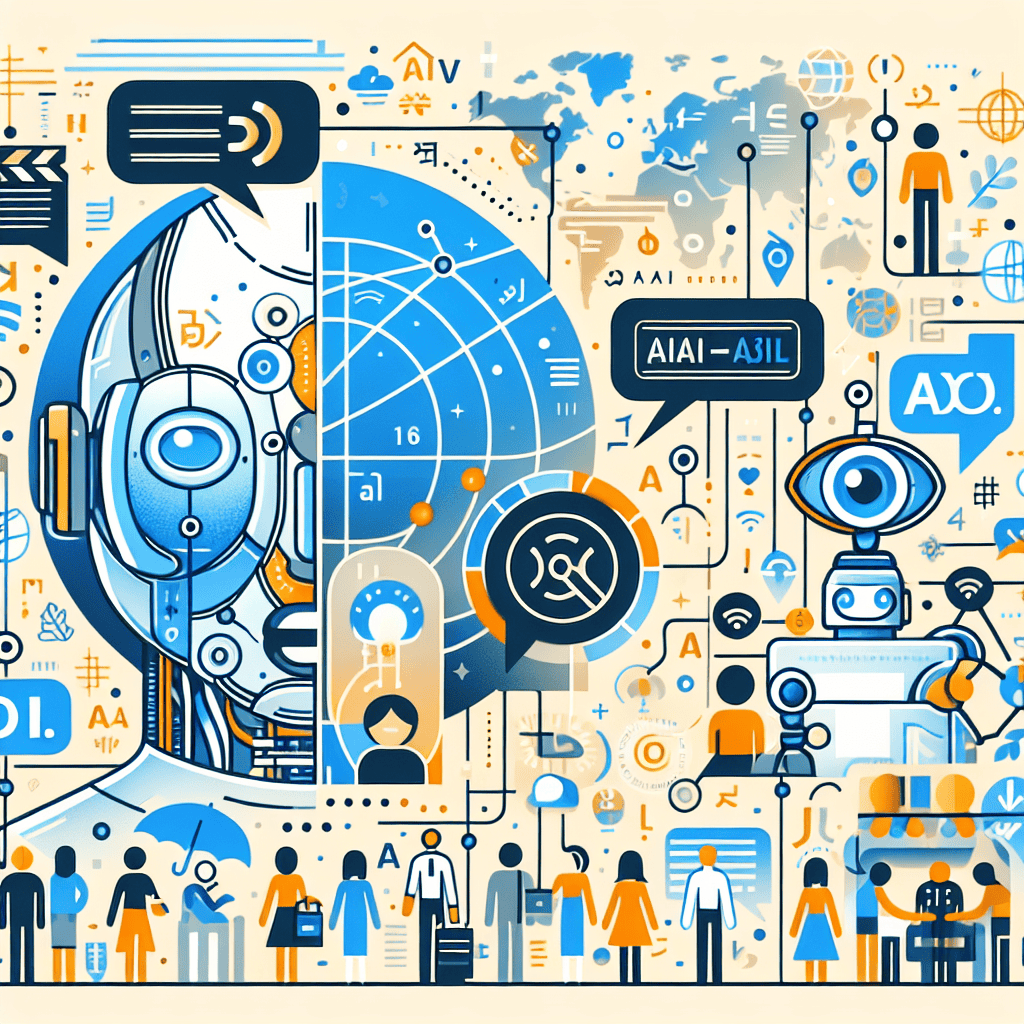 AI-powered digital illustration showcasing global AI communication, robotic interactions, and futuristic technology themes with a focus on chatbot and machine learning concepts.