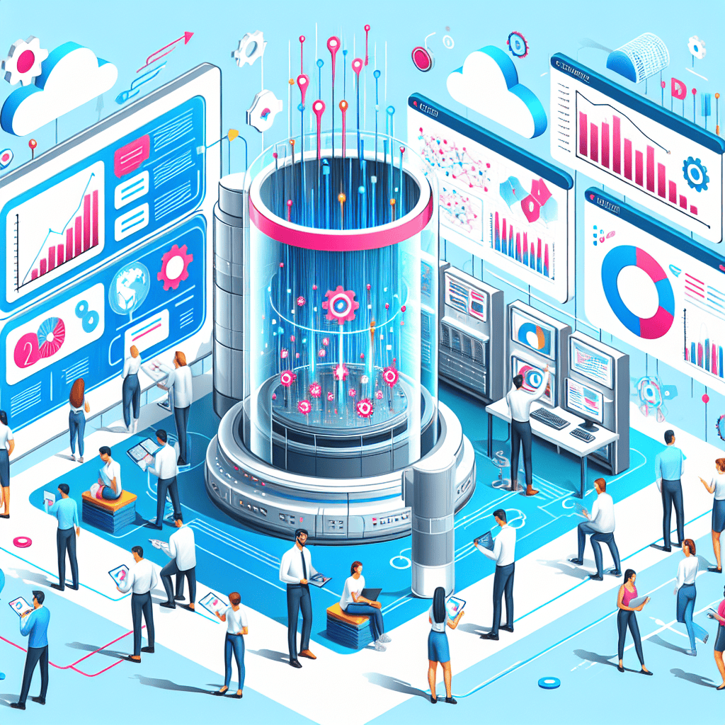 AI-driven data center with cloud computing, analytics dashboards, and diverse professionals analyzing digital information for advanced AI insights.