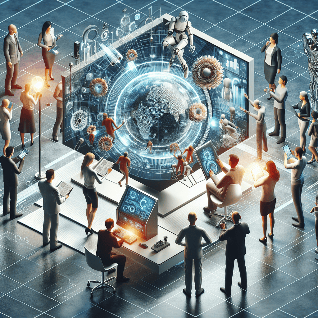 AI technology futuristic conference with holographic Earth and robots engaging in data analysis and digital innovation. Experts explore GPT-4 AI capabilities in a high-tech environment.