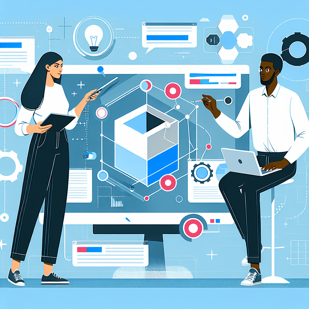 AI-powered team collaborating on futuristic digital data and blockchain analysis. Two professionals, one woman with a tablet and a man with a laptop, engage in innovative AI technology discussions.