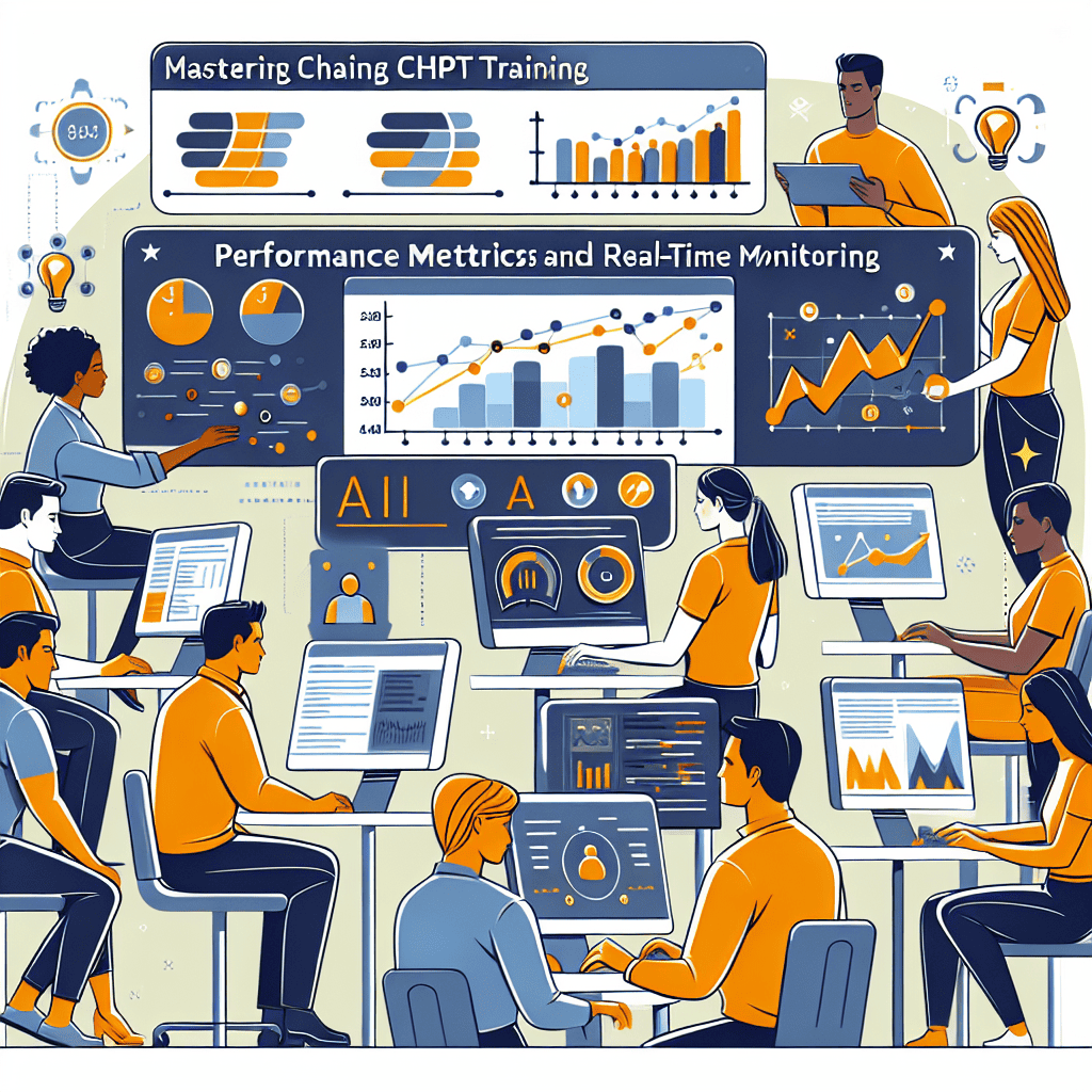AI-powered training session with multiple professionals analyzing charts, graphs, and real-time performance metrics on computer screens to optimize GPT-4 chatbot performance.