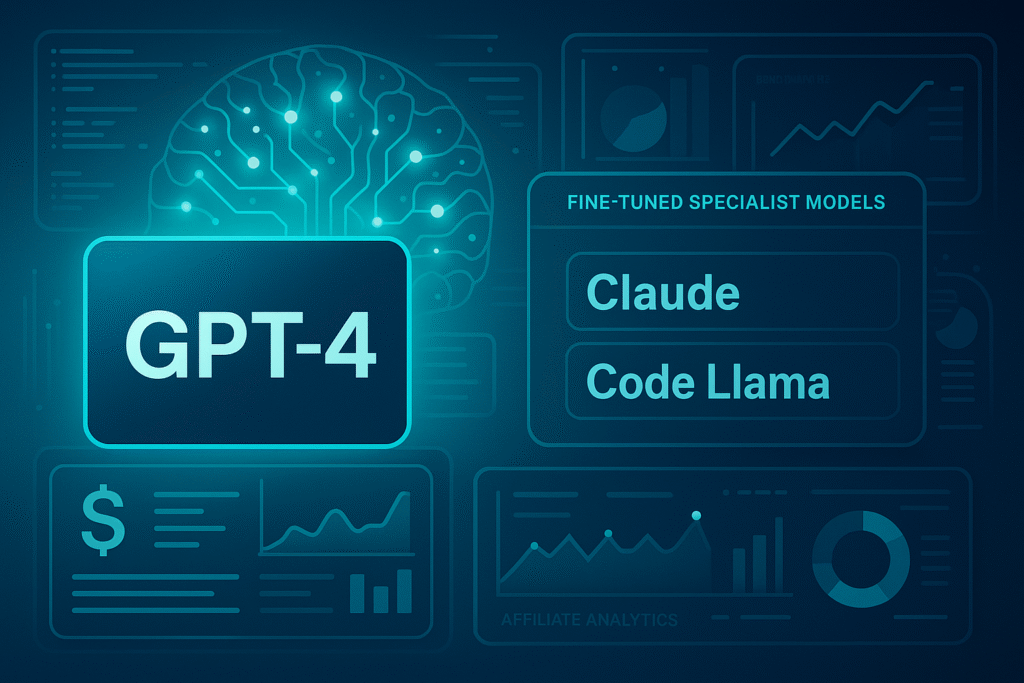 AI-powered GPT-4 interface features neural circuitry, data charts, and model options like Claude and Code Llama in a high-tech blue theme.