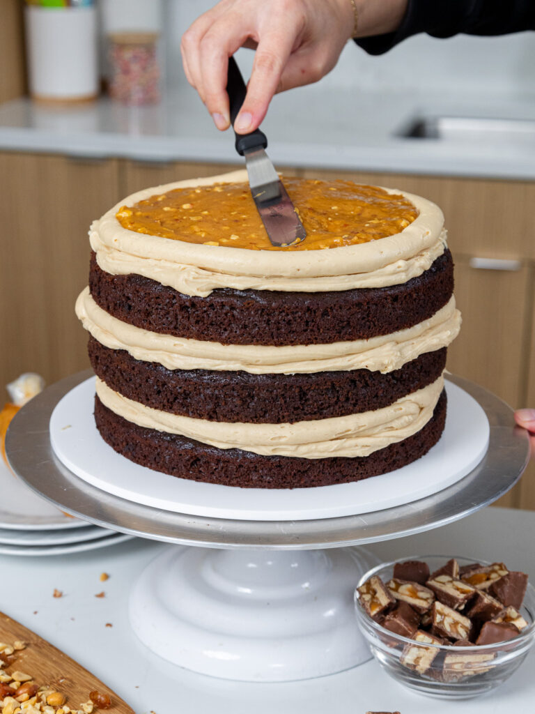 image of a chocolate snickers cake that