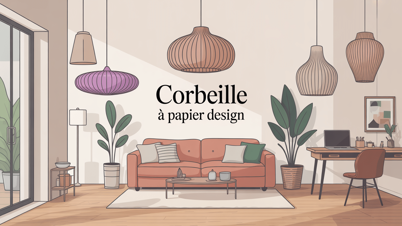 Illustration corbeille à papier design métal bois recyclé dans salon élégant