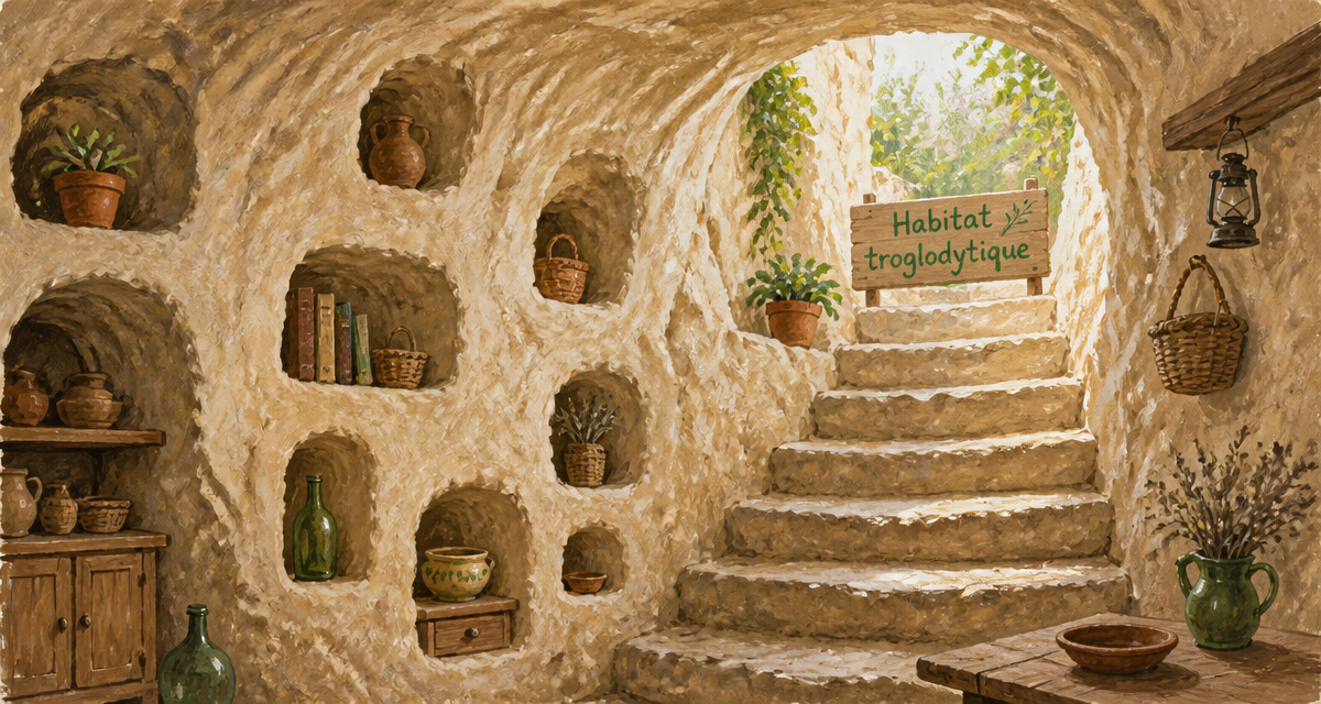 Intérieur d'habitat troglodytique en pierre calcaire