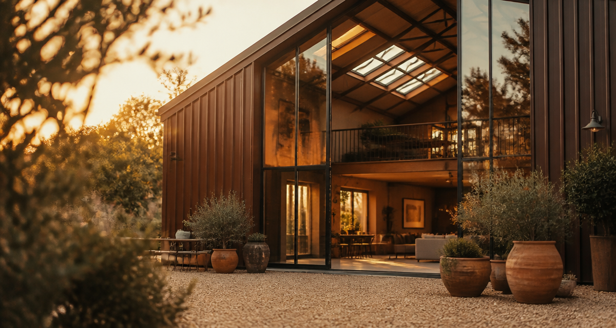 façade hangar aménagé en maison contemporaine avec verrière