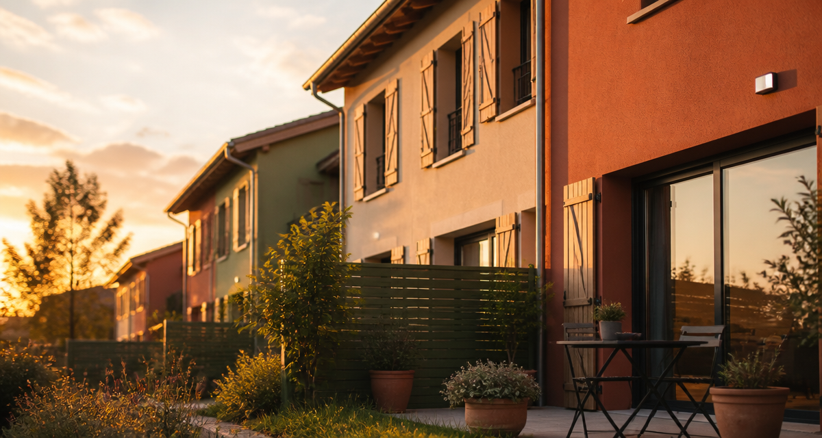 Maisons mitoyennes modernes avec jardin au crépuscule