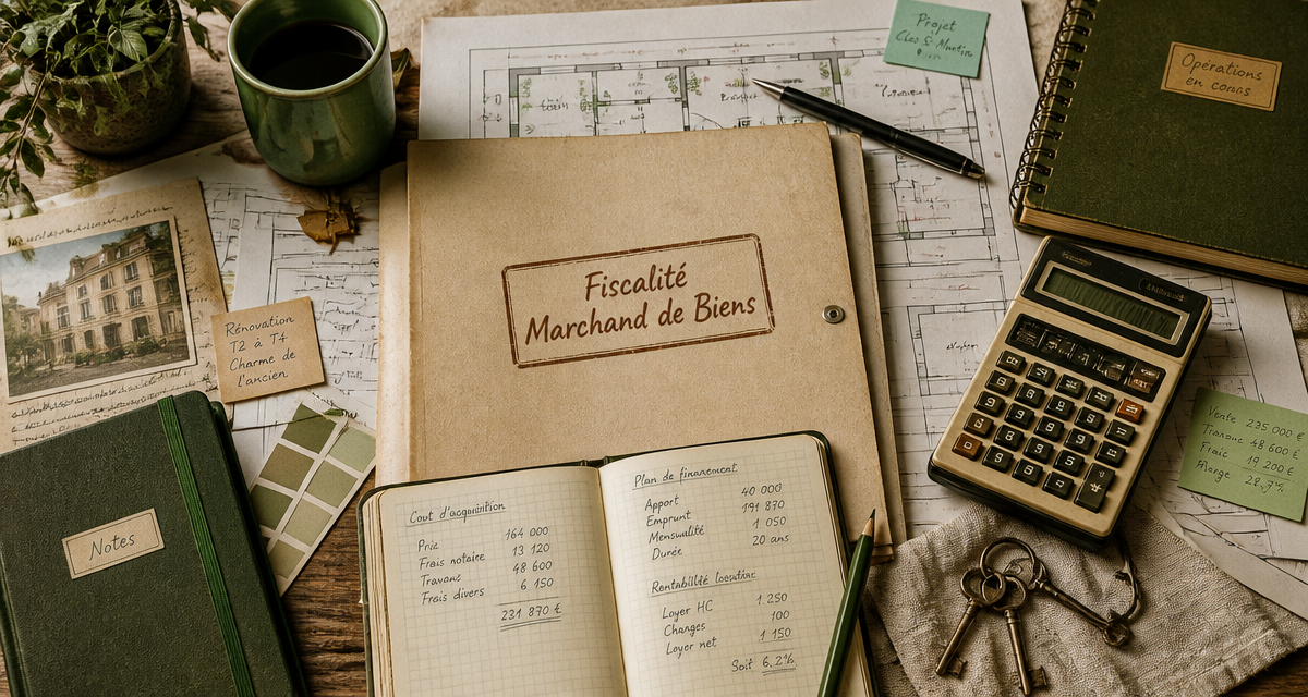 marchand de bien fiscalité dossier et calculatrice