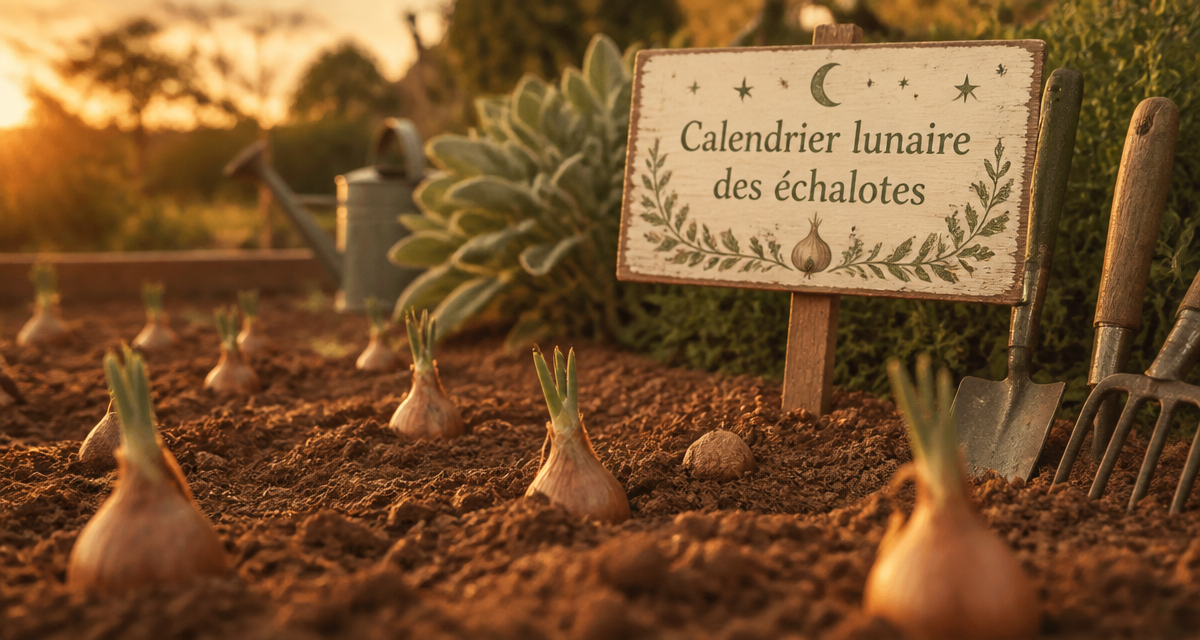 quand planter les échalotes avec la lune, bulbes en terre et panneau calendrier