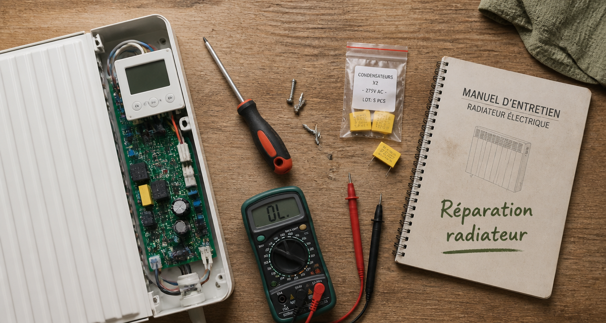 Réparation radiateur électrique avec outils et carte électronique